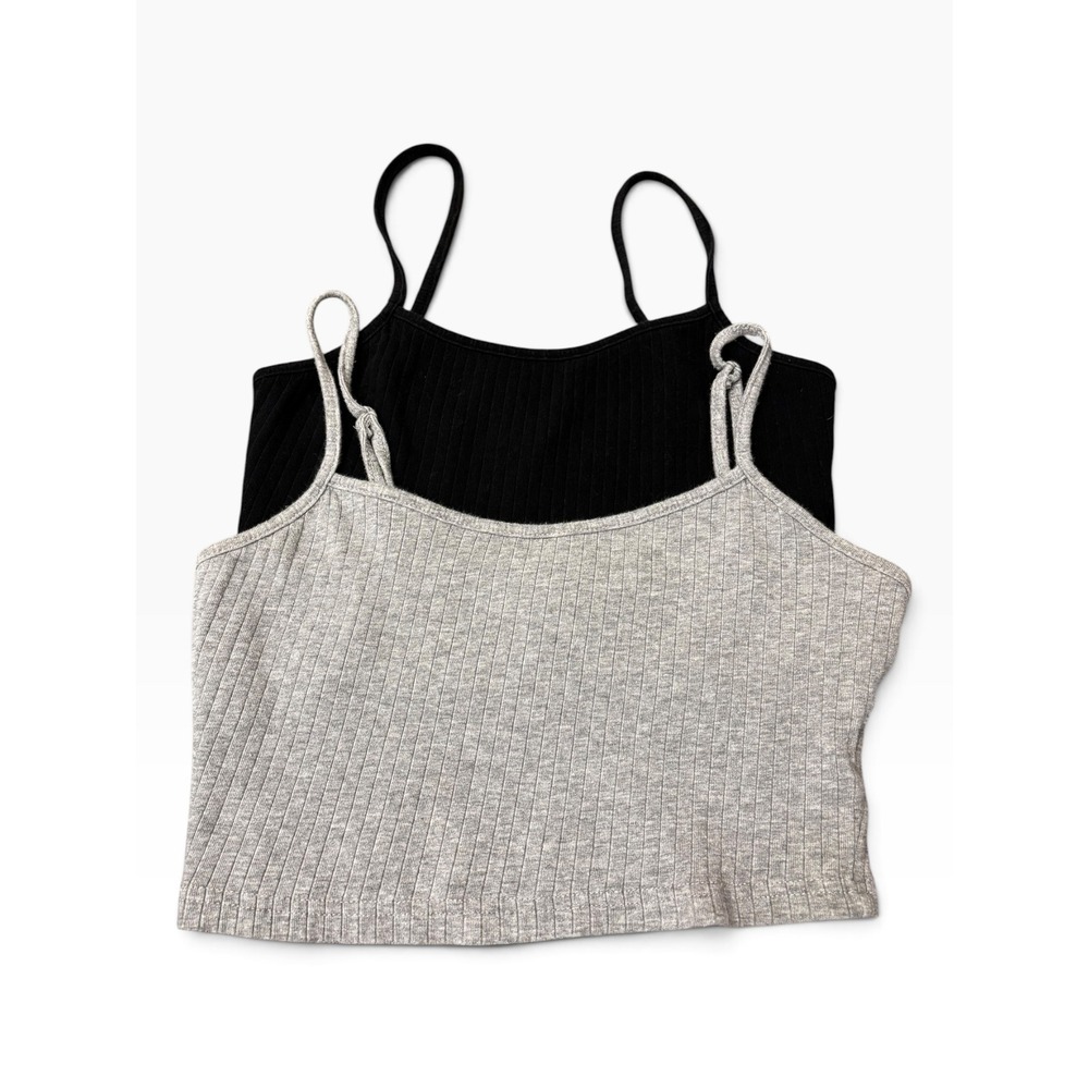 Ribbed Knit Cami Crop Tops 2 Pack Black and Heather Gray Adjustable Straps